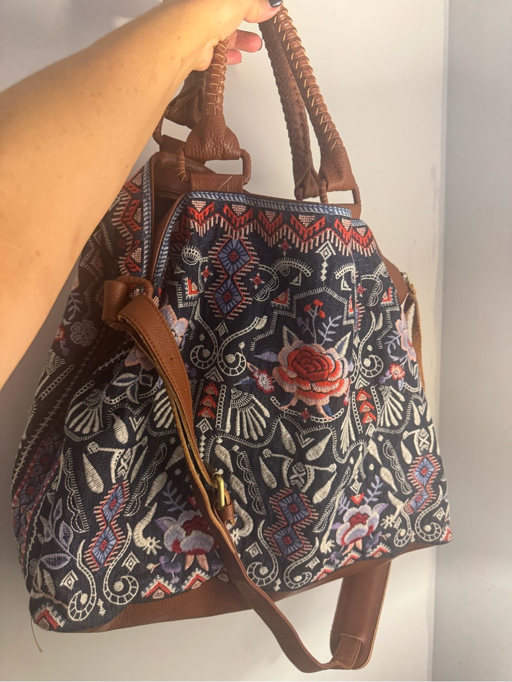 Johnny Was Navy Denim Embroidered Floral Weekender Bag with Brown Trim